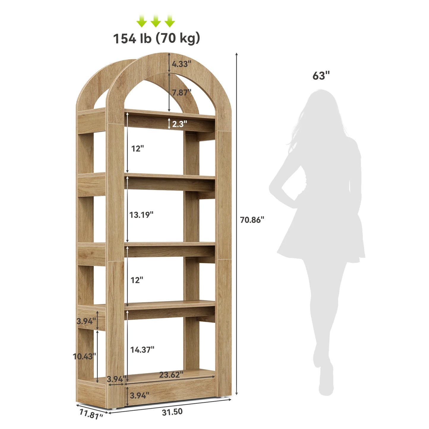 Tribesigns 70.87” Tall Arched Bookshelf, Rustic Oak Bookcase with 5-Tier Storage, Modern Decorative Display Shelf for Living Room, Bedroom, Office (31.5” W x 11.81” D)