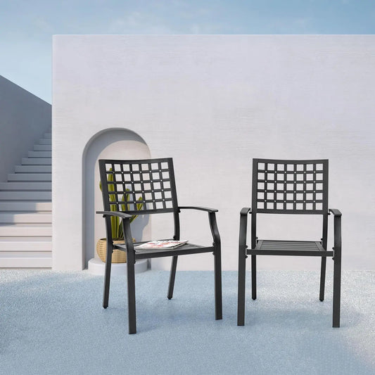 Stackable Metal Patio Dining Chairs with Armrest, Outdoor Garden Backyard Deck Poolside Bistro Set of 2, Black, Custom