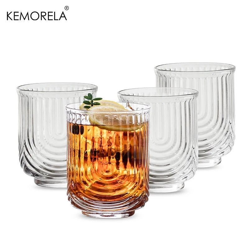 Set of 4 Vintage Arch Glass cups Ripple Glassware Highball Classic Transparent Cocktail Glasses for Bar Beverages Ice Coffee Jui