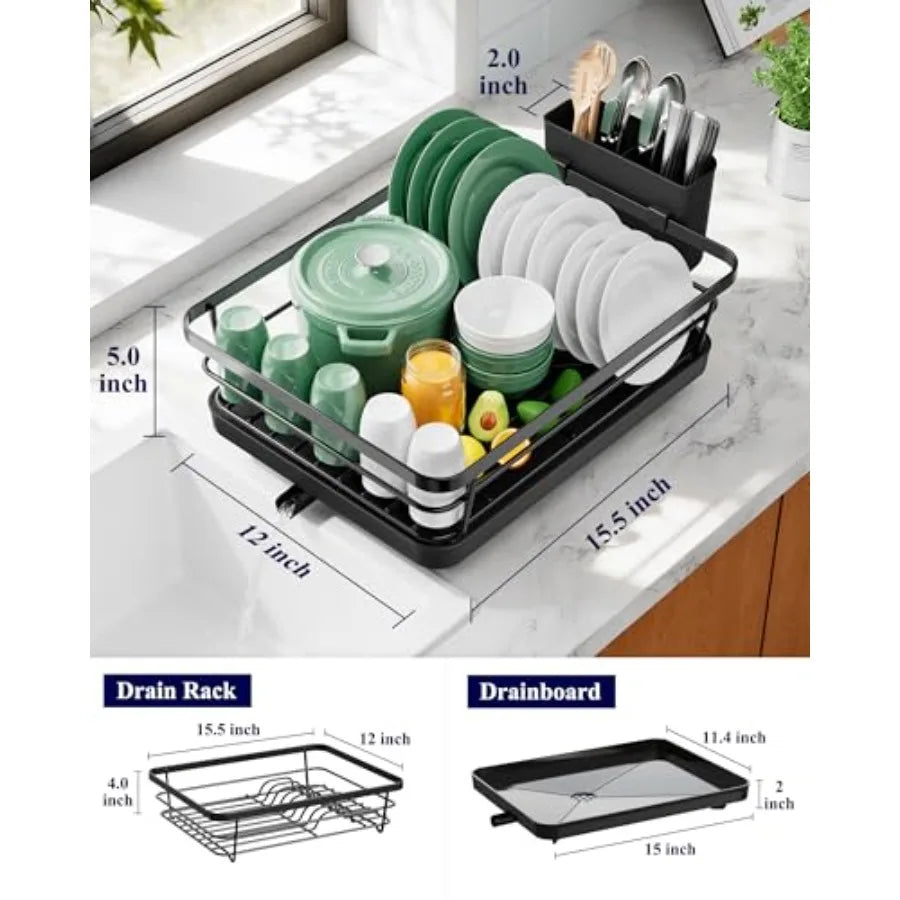 Stainless Steel Dish Drying Rack With Cutlery Holder For Kitchen