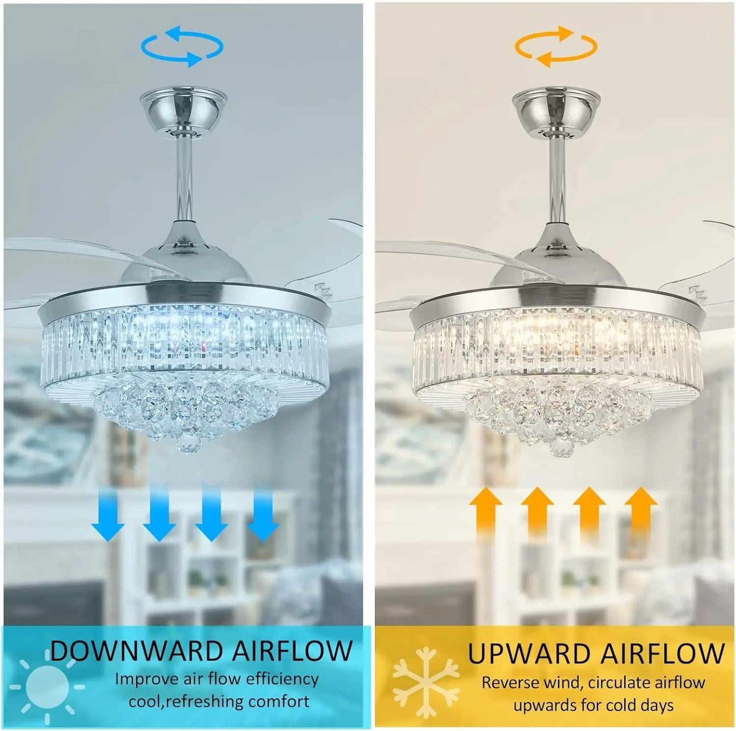 Crystal Ceiling Fan With Light Remote Retractable Blades 6 Speeds