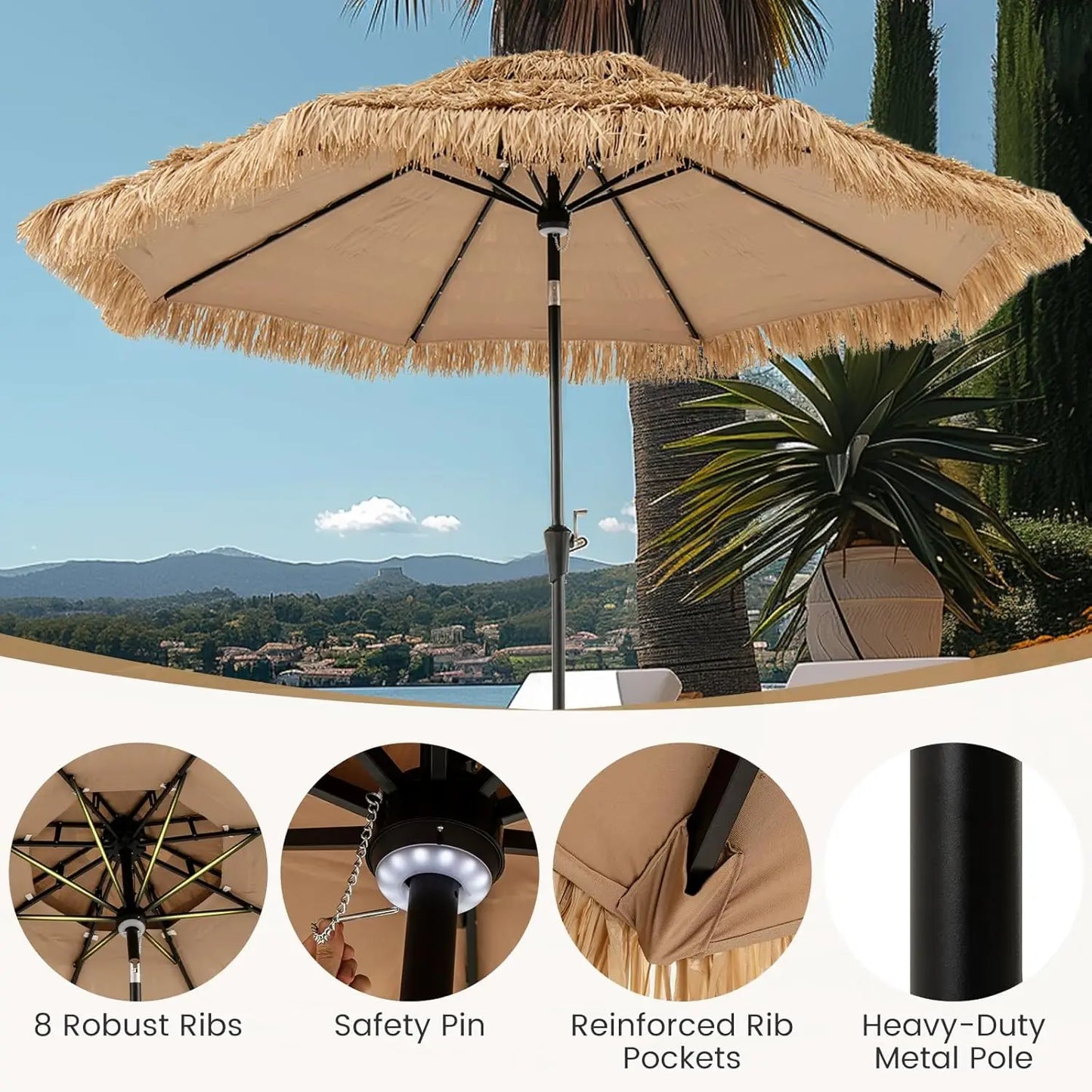 10ft Hula Thatched Tiki Umbrella, 2-Tier Hawaiian Style Solar Patio Umbrella with 32 LED Lights, Central Hub Light,, Customized