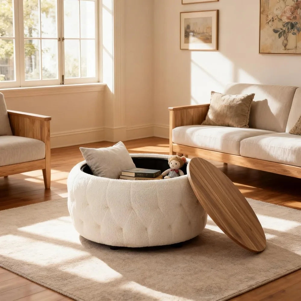 Round Storage Ottoman Coffee Table With Teddy Fabric