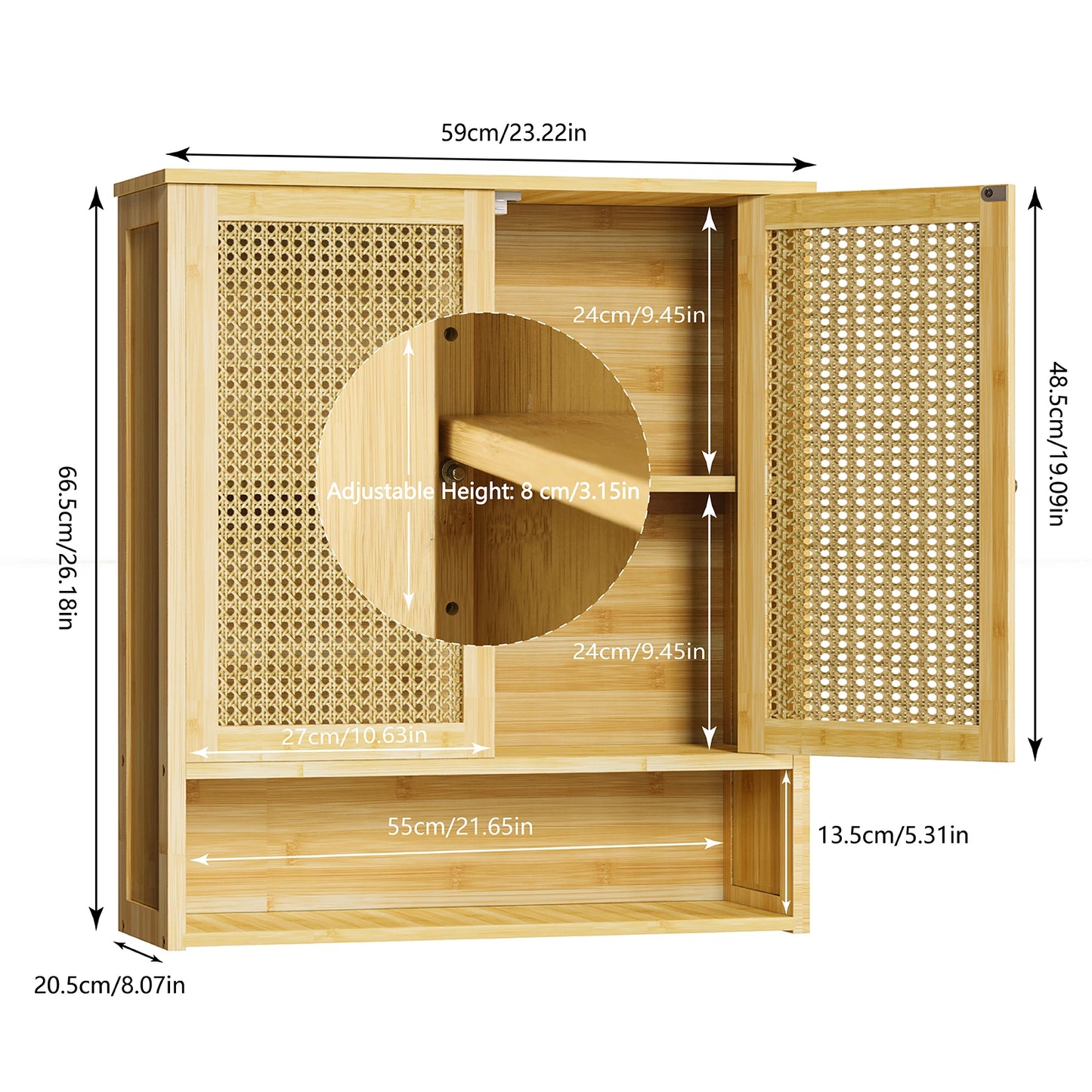 Bamboo Wall Cabinet For Bathroom And Kitchen, 3 Shelves, 2 Doors