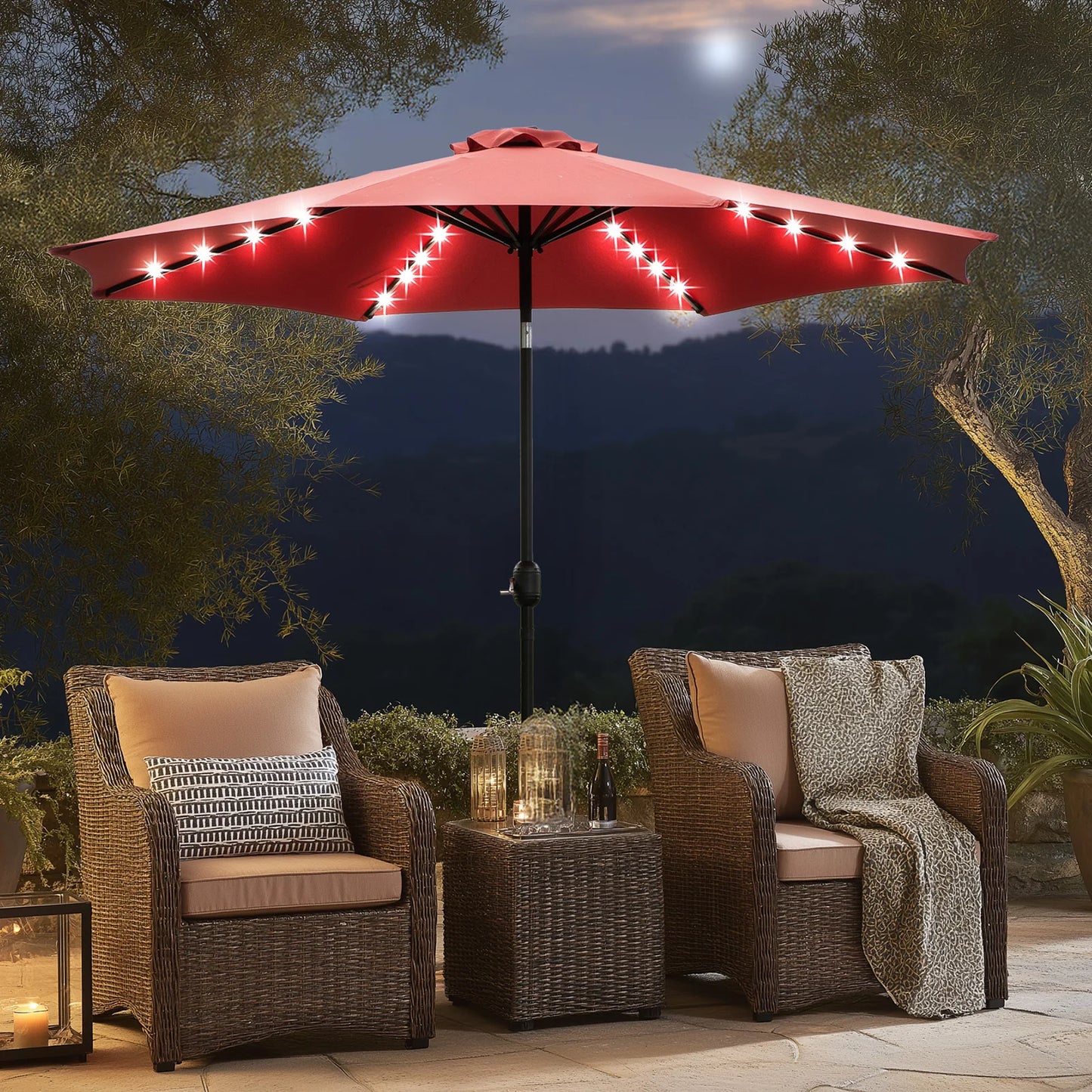 JHK Solar Patio Umbrella With 32 LED Lights Tilt Crank