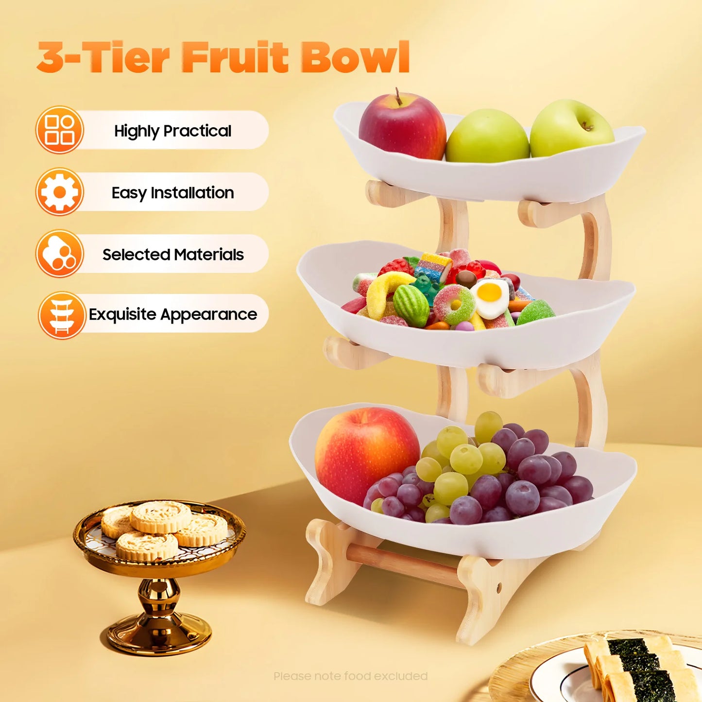 3-Tier Fruit Plate And Dessert Tray On Bamboo Stand For Parties