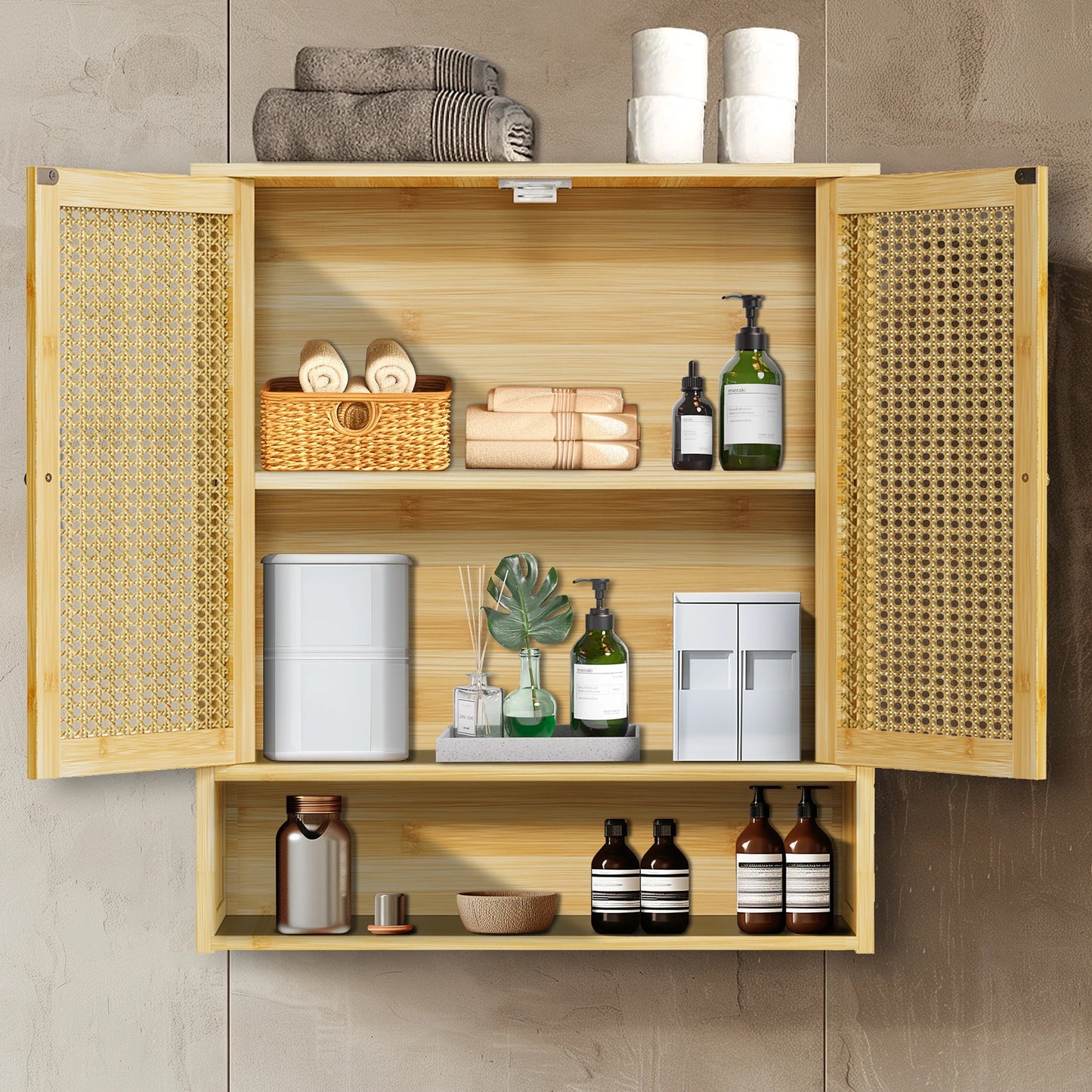 Bamboo Wall Cabinet For Bathroom And Kitchen, 3 Shelves, 2 Doors
