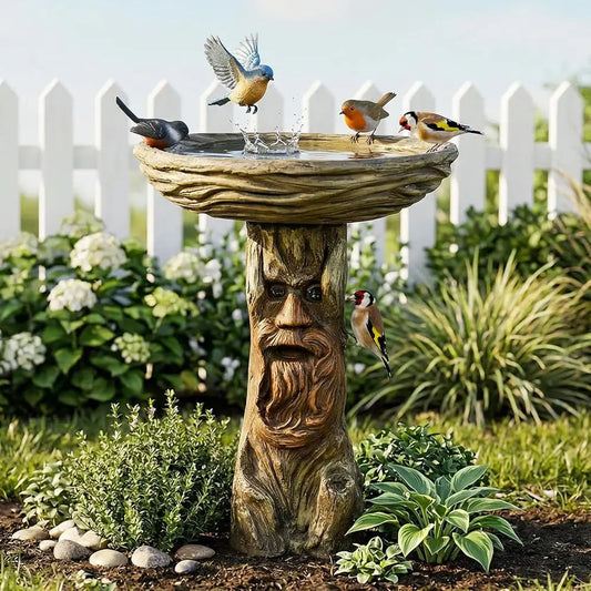 Outdoor Tree Bird Bath Pedestal With Bird Figurines For Garden