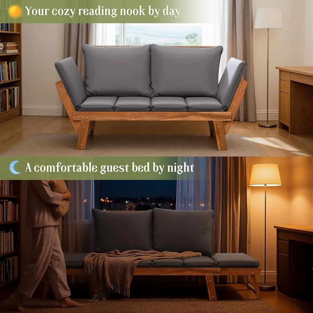 Adjustable Outdoor Loveseat with Cushions, Acacia Wood Patio Sofa for Balcony Backyard (Grey)