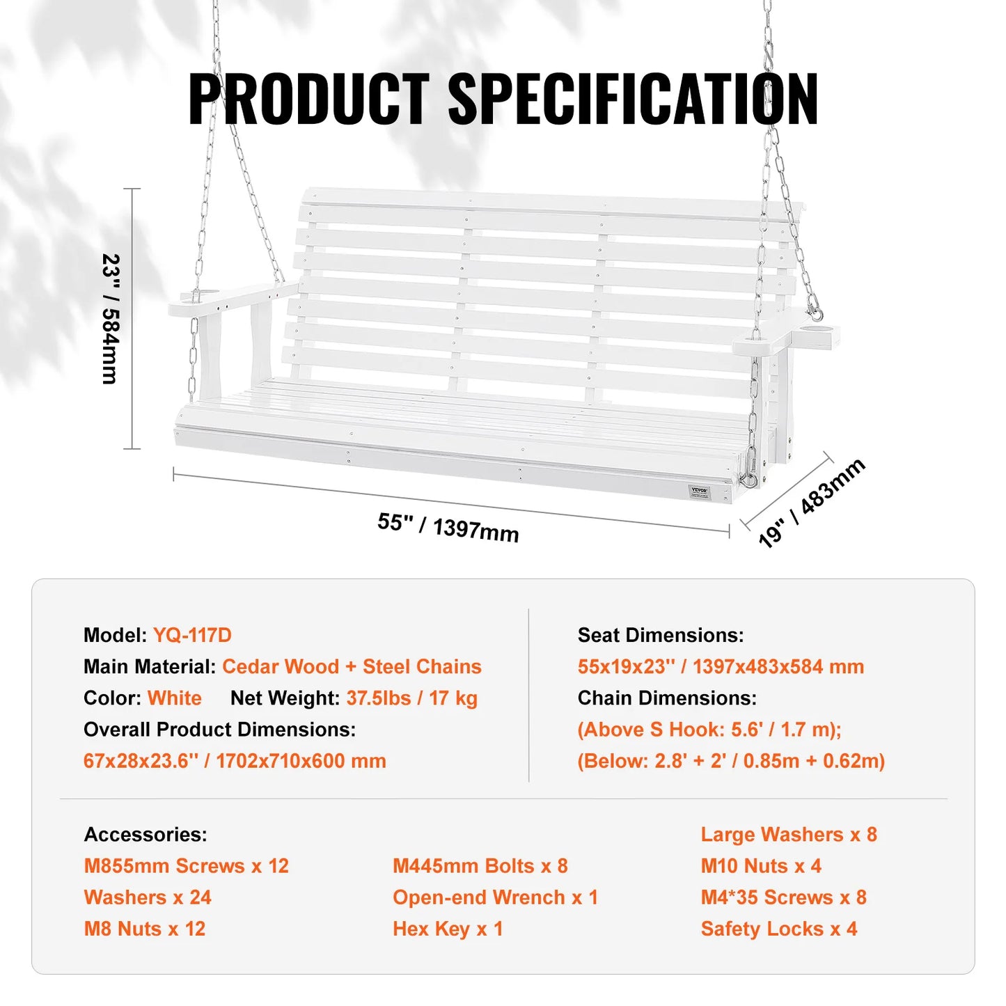 SucceBuy Wooden Porch Swing With 880 Lb Load Capacity