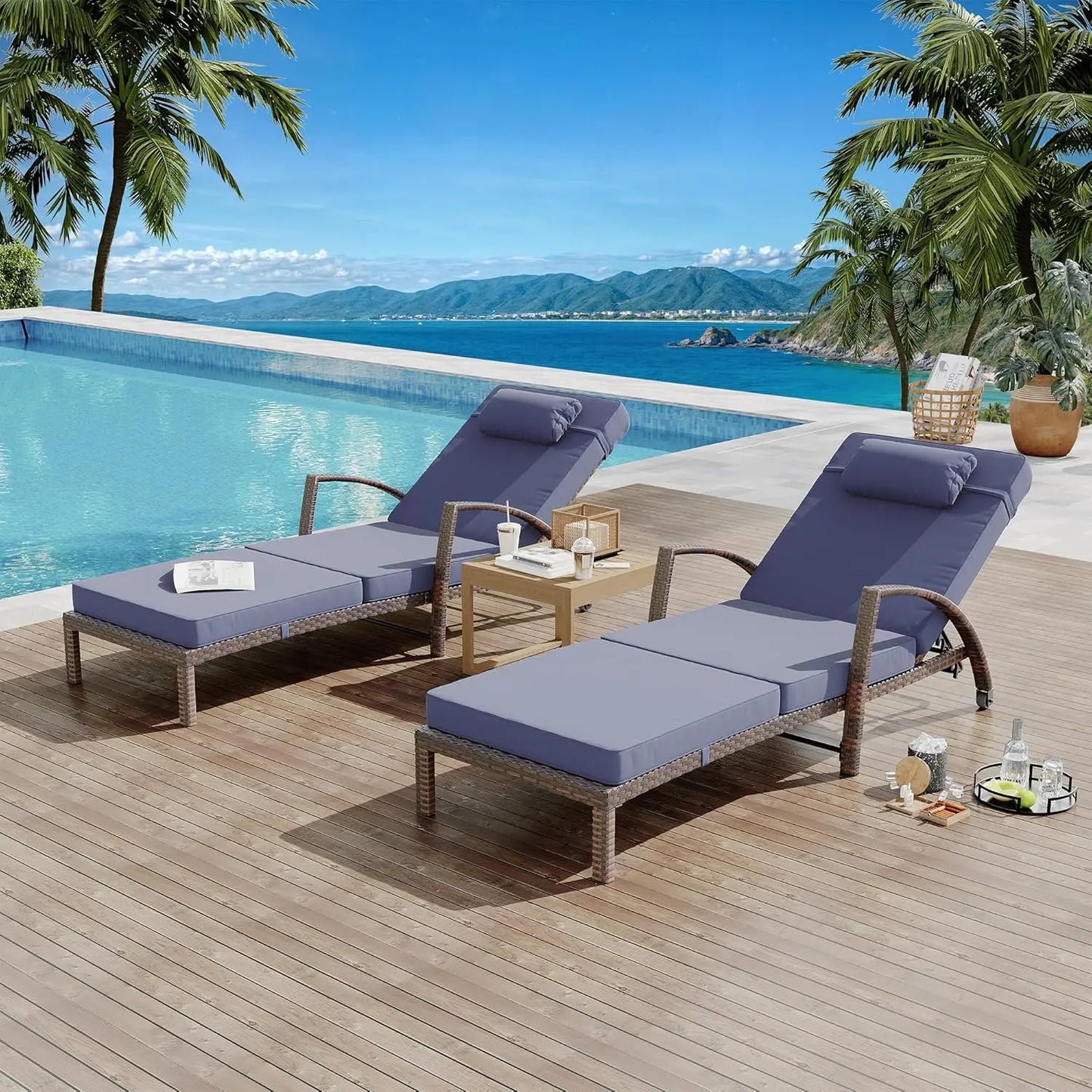 Outdoor Rattan Folding Chaise Lounge Set With Five Position Back