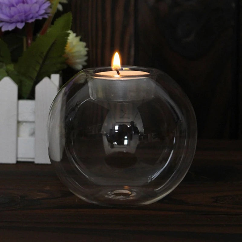 Clear Glass Tealight Candle Holder Round Hollow Design For Decor