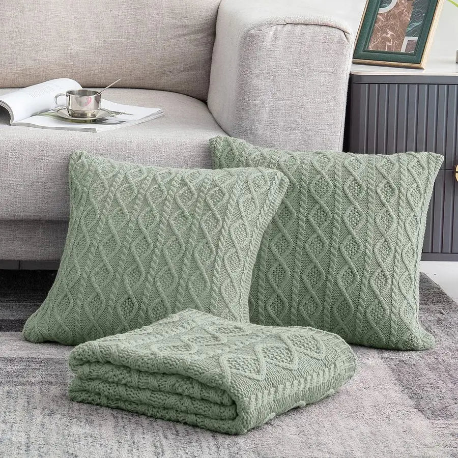 Cable Knit Throw Blanket and Pillow Set, Sage Green Set of 3, Knitted Throw 50x60 amp 2 Pillow Covers 18x18, Soft amp Cozy Decor