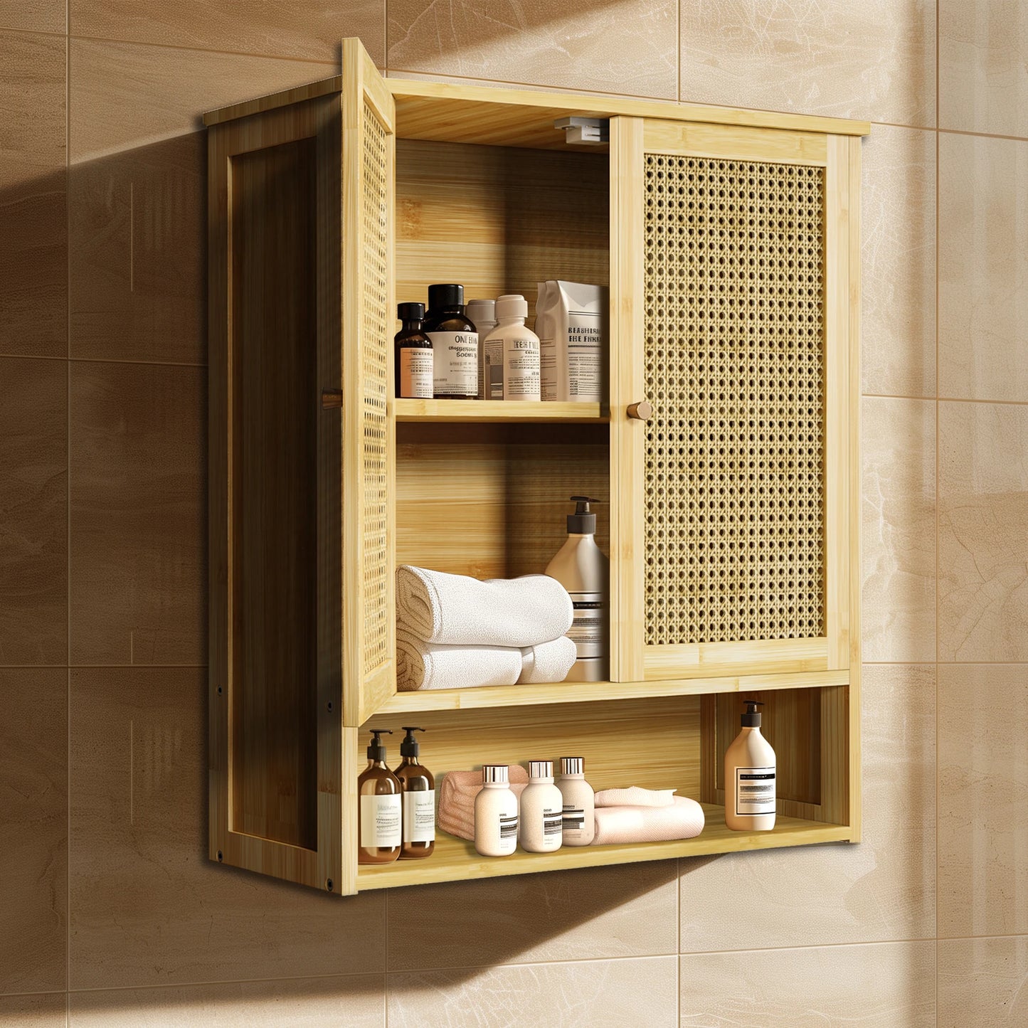 Bamboo Wall Cabinet For Bathroom And Kitchen, 3 Shelves, 2 Doors