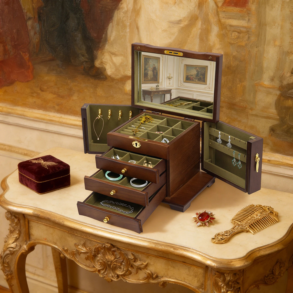 4-tier Multi Functional Jewelry Box Wooden Jewelry Storage Box with Combo Lock for Jewelries, Ring,Necklace and Watches