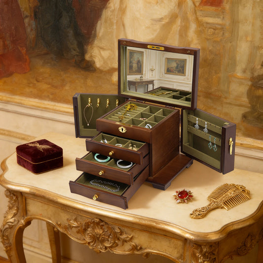 4-tier Multi Functional Jewelry Box Wooden Jewelry Storage Box with Combo Lock for Jewelries, Ring,Necklace and Watches