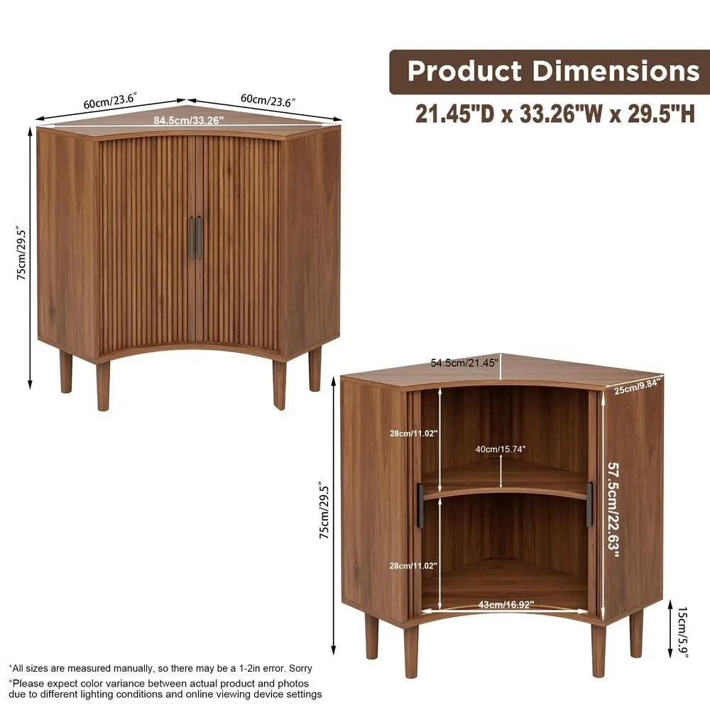 Corner Cabinet, Small Corner Floor Cabinet with Sliding Doors and Adjustable Shelves, Modern Wooden Freestanding Narrow Storage