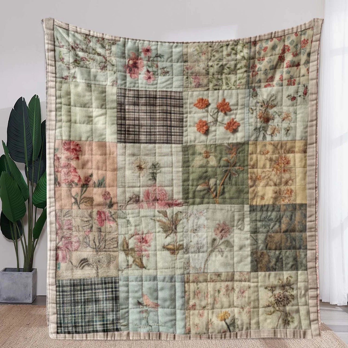 Vintage Checkered Floral Blanket All-Season Soft Throw Home
