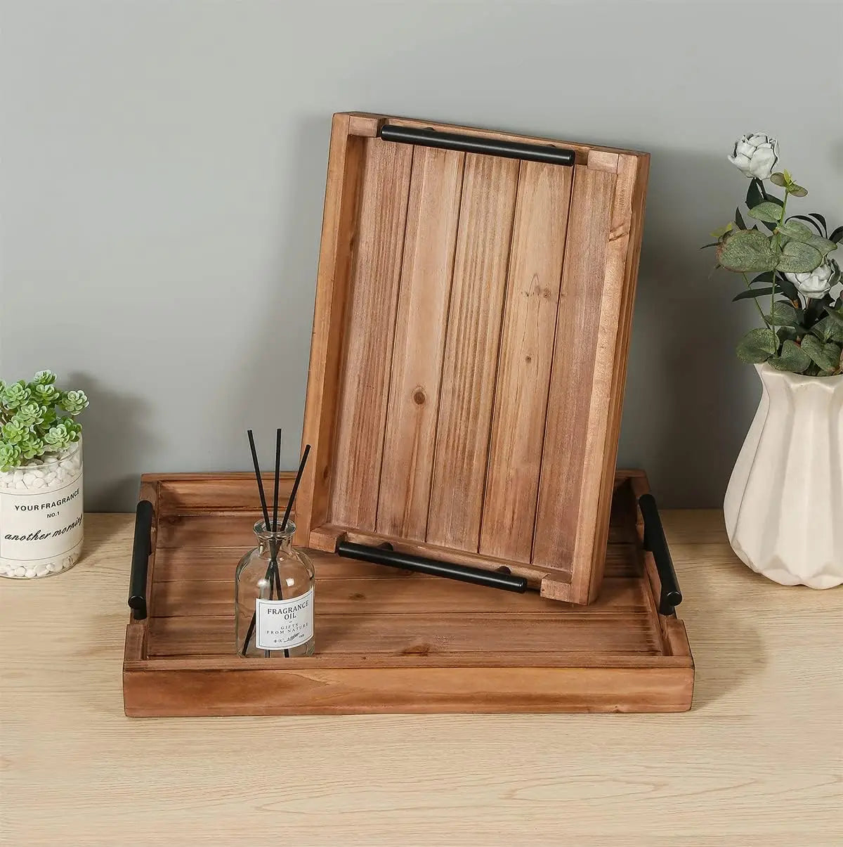 Vintage Wood Serving Tray Set With 3 Nested Trays For Kitchen Durable Stackable
