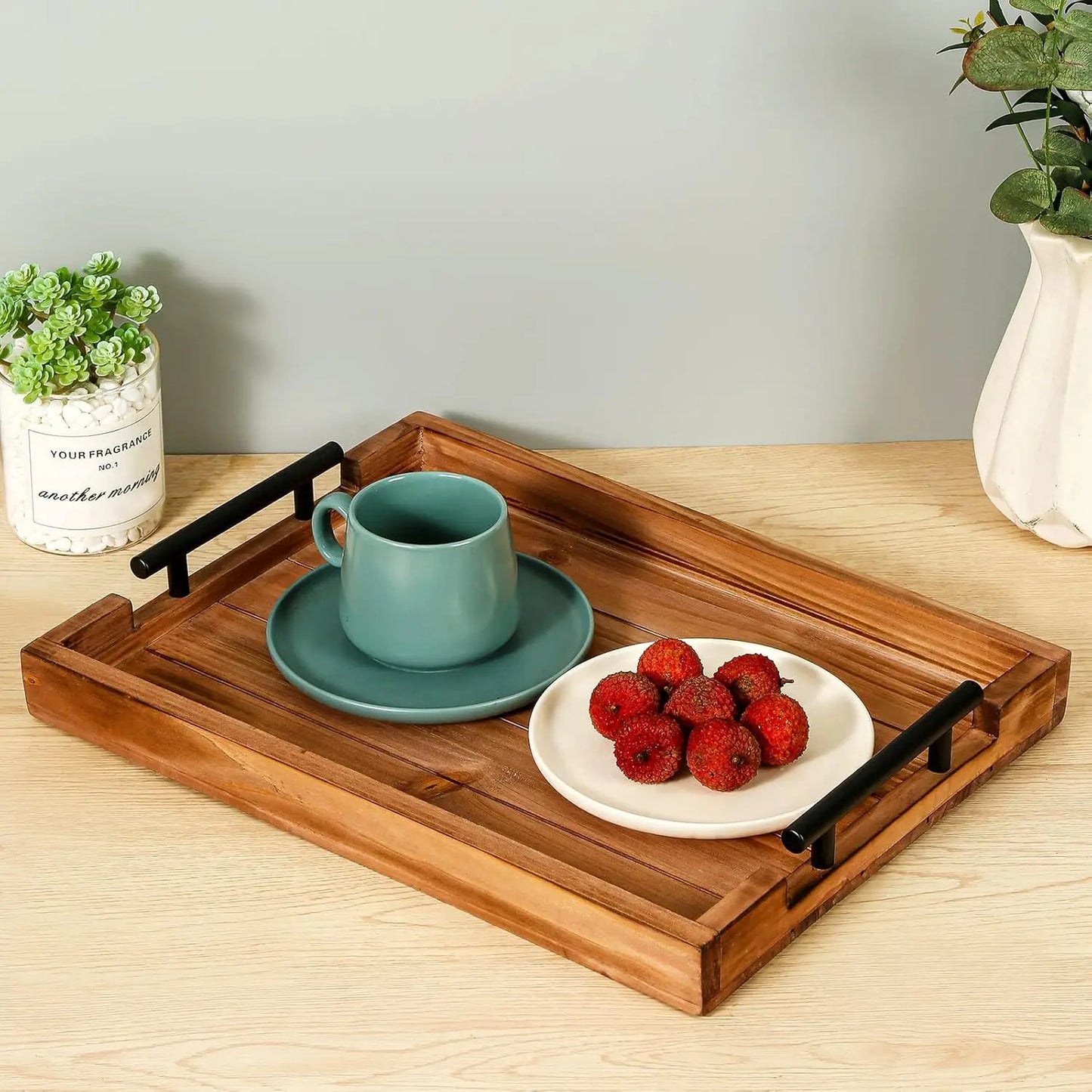 Vintage Wood Serving Tray Set With 3 Nested Trays For Kitchen Durable Stackable