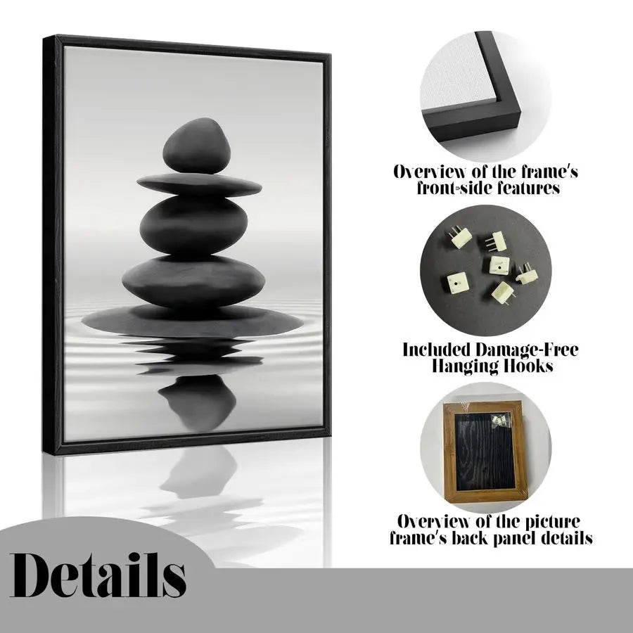 Framed Zen Stones Bathroom Wall Art for Spa and Yoga