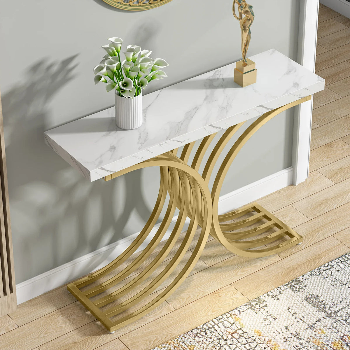 Tribesigns   Wooden Luxury Living Room Furniture Modern White Faux Marble Top Gold Metal Console Table