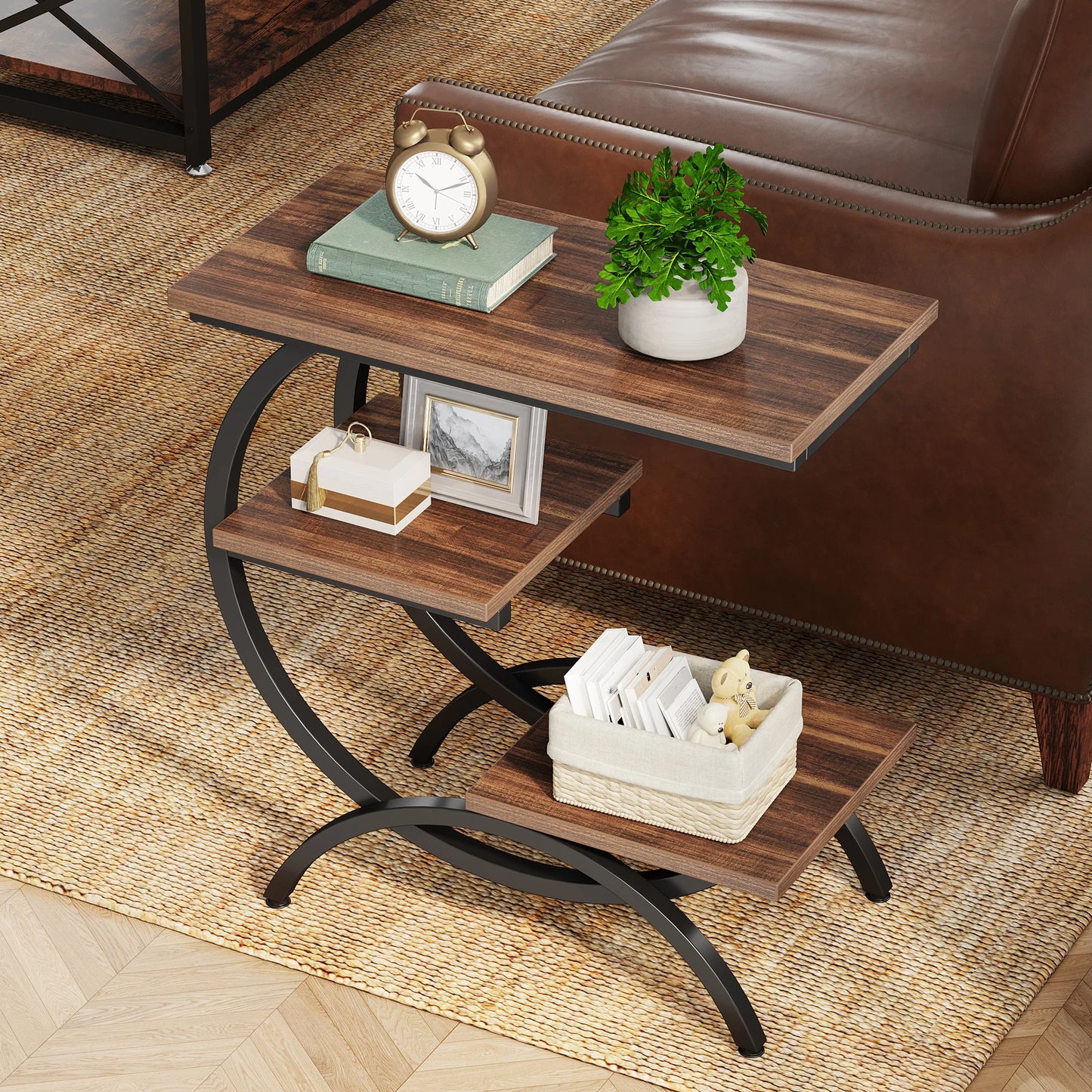 Tribesigns C Shaped End Table With Storage Shelves