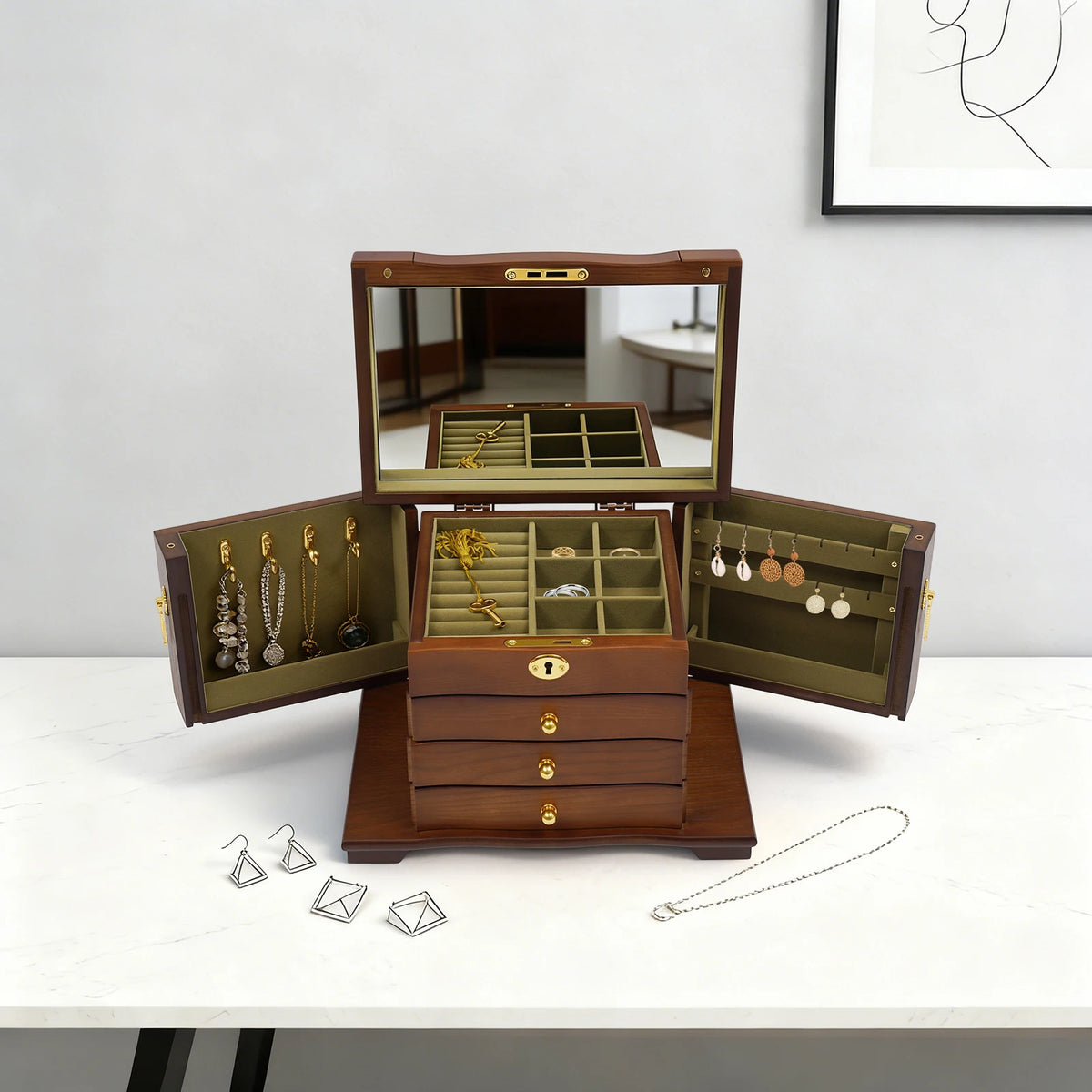 4-tier Multi Functional Jewelry Box Wooden Jewelry Storage Box with Combo Lock for Jewelries, Ring,Necklace and Watches