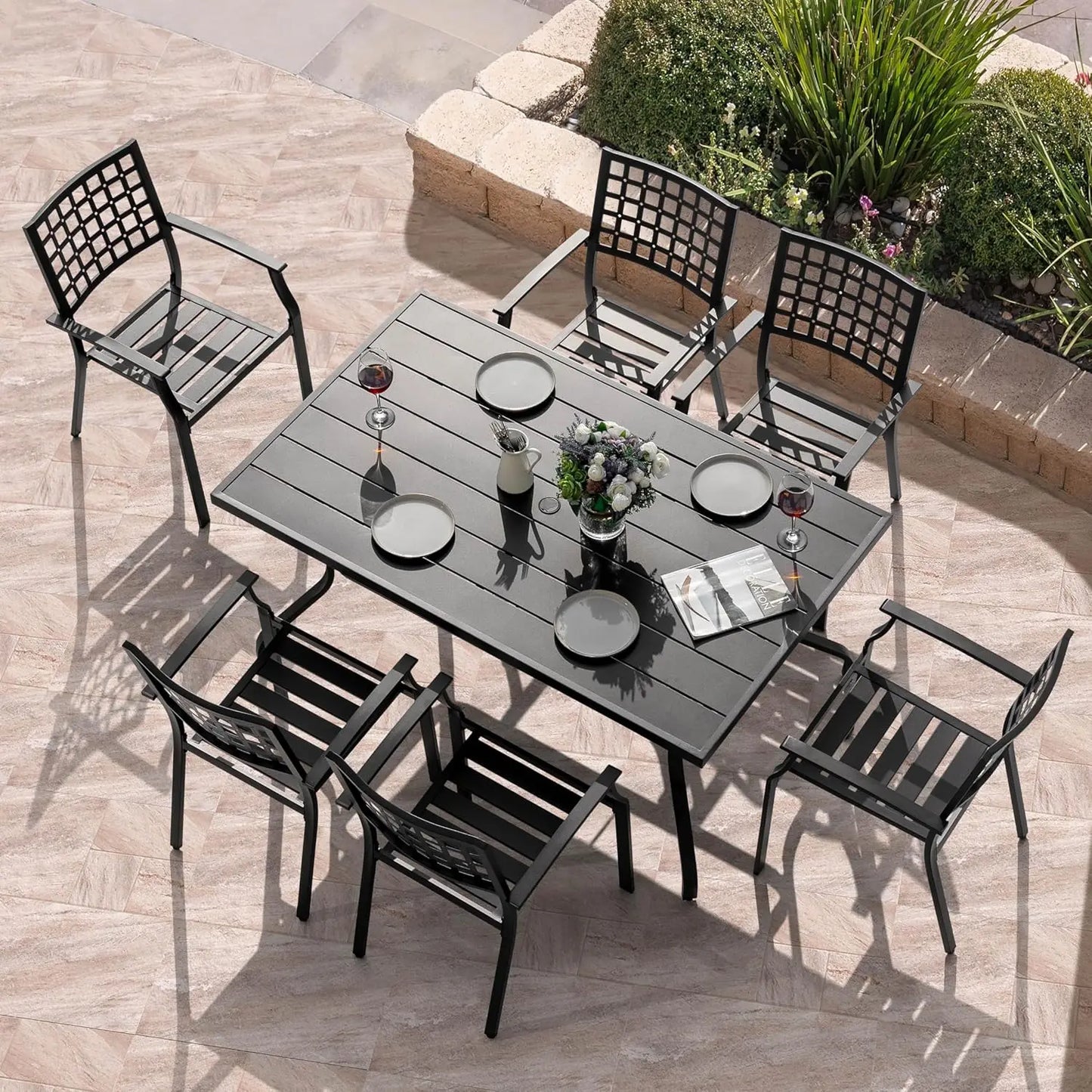Stackable Metal Patio Dining Chairs with Armrest, Outdoor Garden Backyard Deck Poolside Bistro Set of 2, Black, Custom