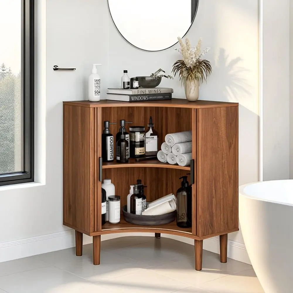 Corner Cabinet, Small Corner Floor Cabinet with Sliding Doors and Adjustable Shelves, Modern Wooden Freestanding Narrow Storage