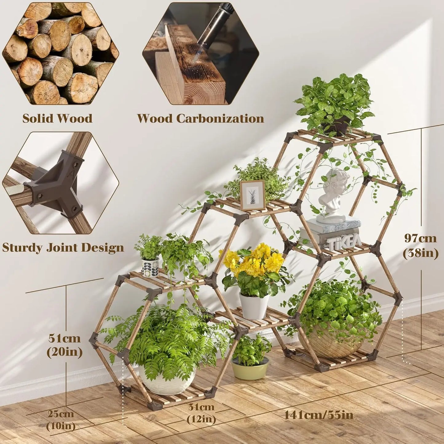 Hexagonal Wooden Plant Stand for Indoor and Outdoor Use