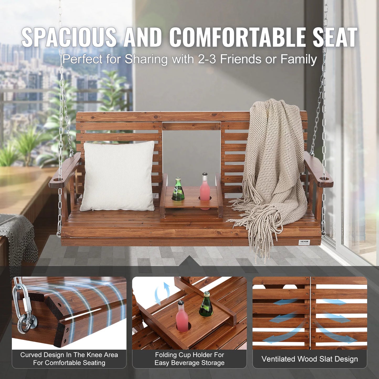 SucceBuy Wooden Porch Swing With 880 Lb Load Capacity