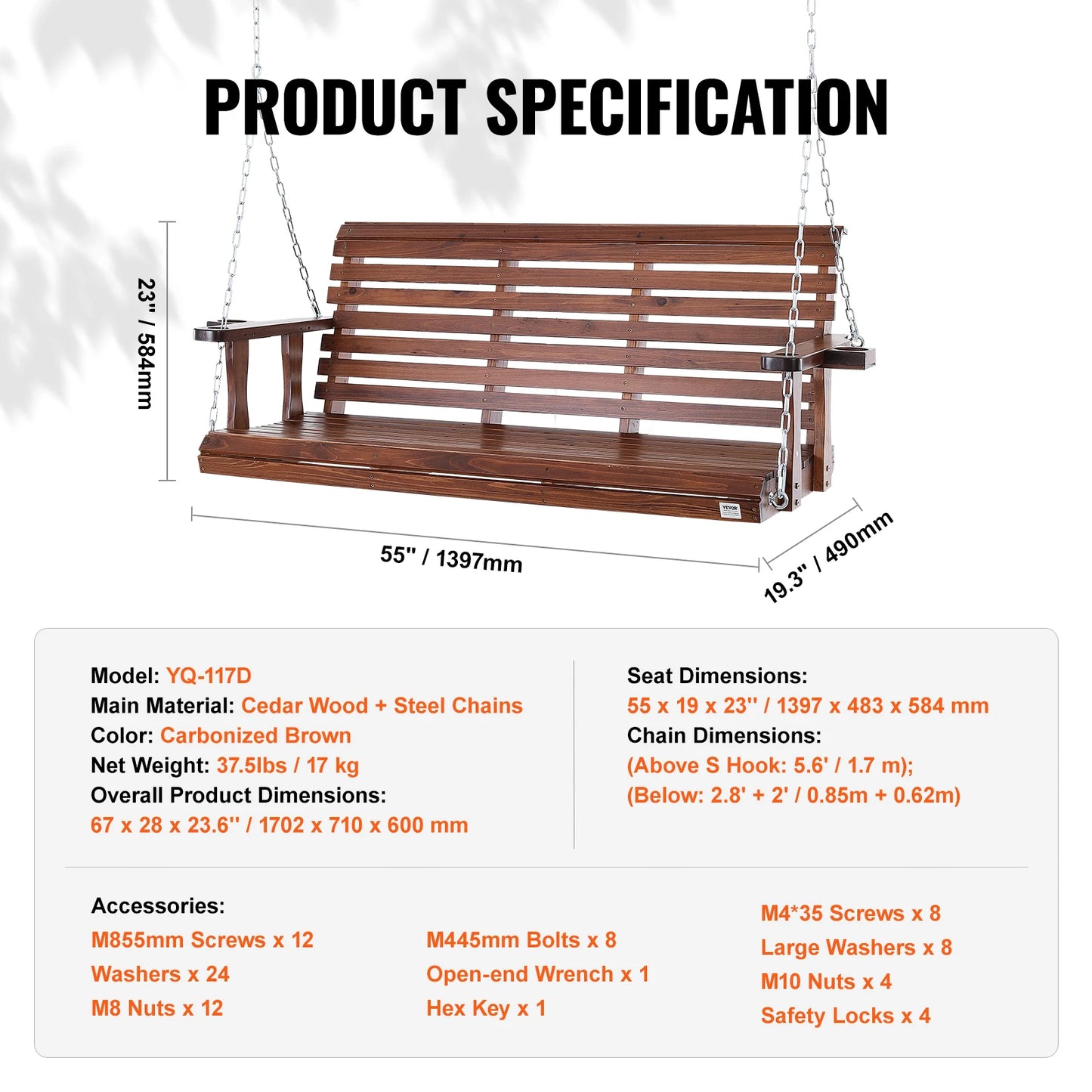 SucceBuy Wooden Porch Swing With 880 Lb Load Capacity