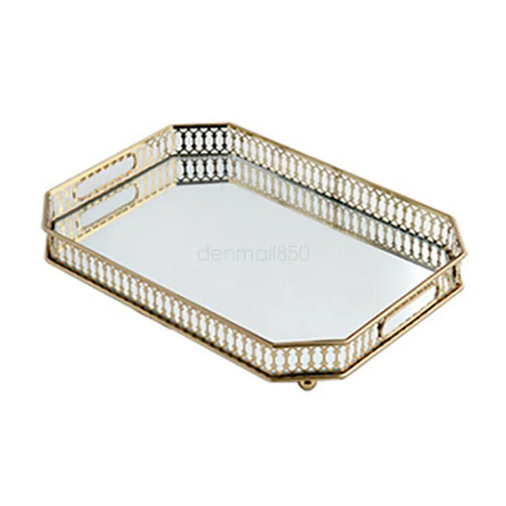 Large 35x25cm Golden Rectangular Metal Tray with Glass Top for Makeup Jewelry Storage Organizer in Living Room Bedroom Decor