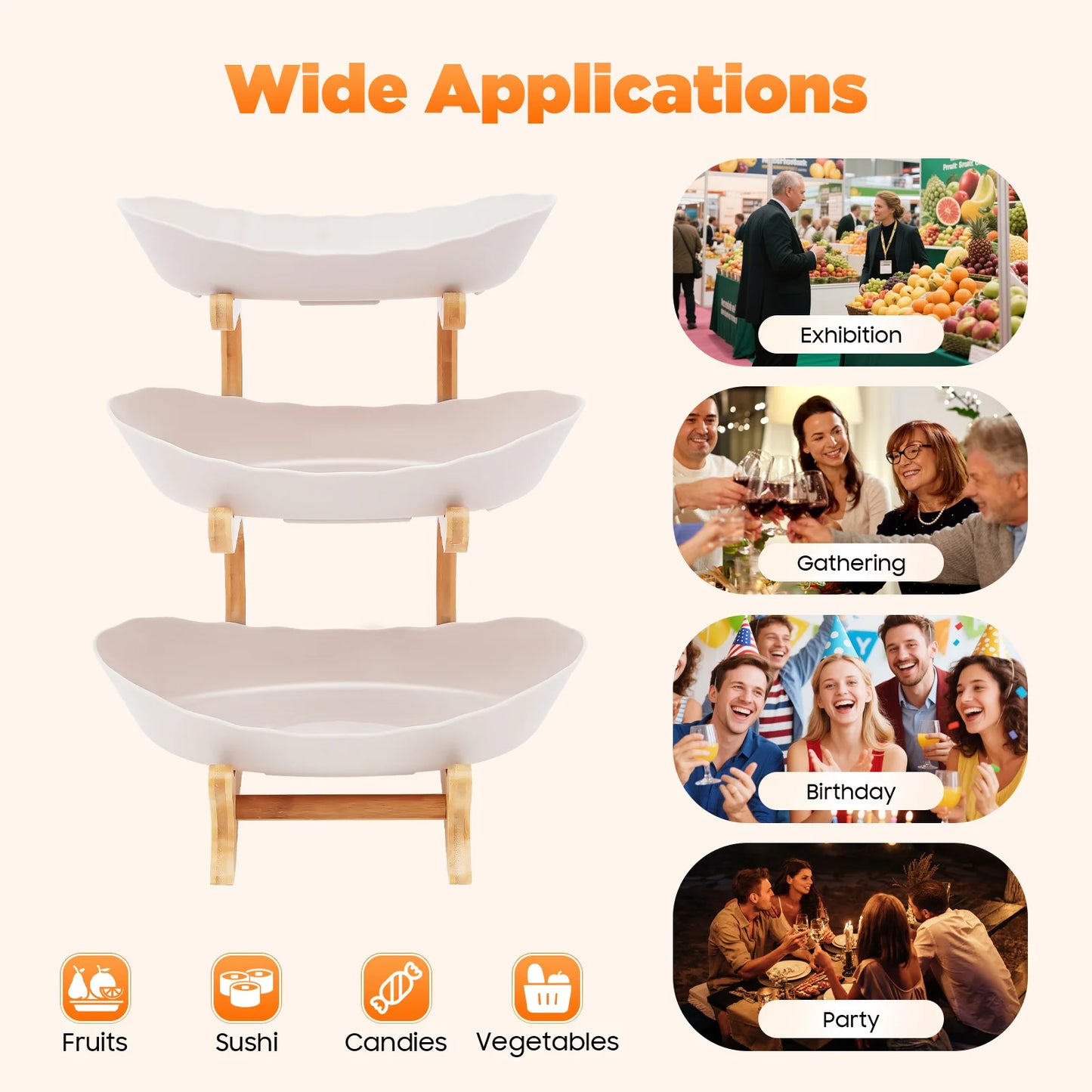 3-Tier Fruit Plate And Dessert Tray On Bamboo Stand For Parties