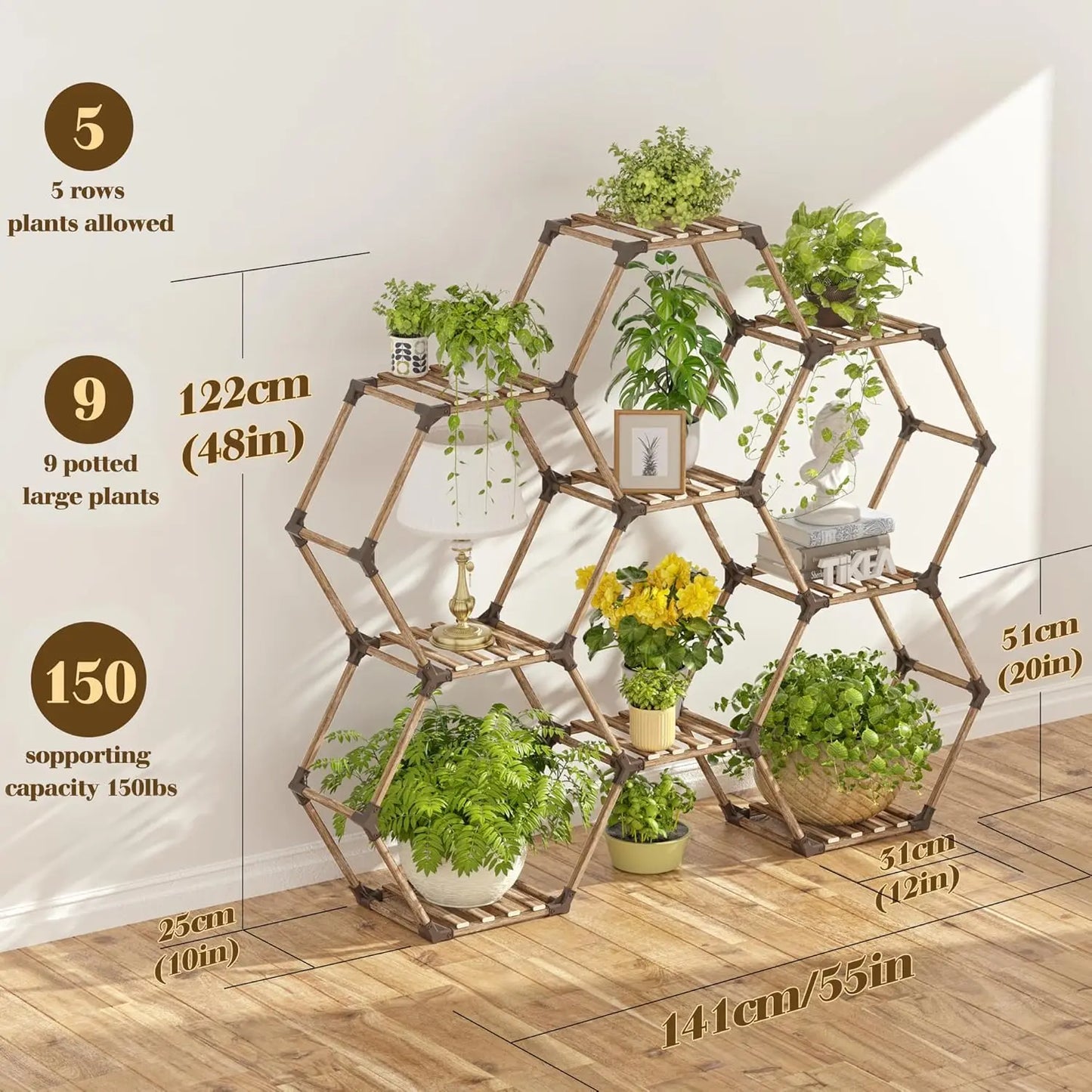 Hexagonal Plant Stand Indoor Outdoor Large Wooden Shelf 6 Tier 9 Pot Holder for Patio Balcony Living Room