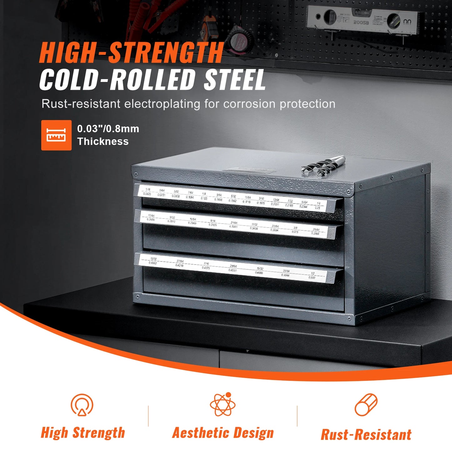 SucceBuy Steel Drill Dispenser Organizer Cabinet Storage Drill Bit Dispenser Cabinet Three-Drawer Drill Bit Organizer Cabinet