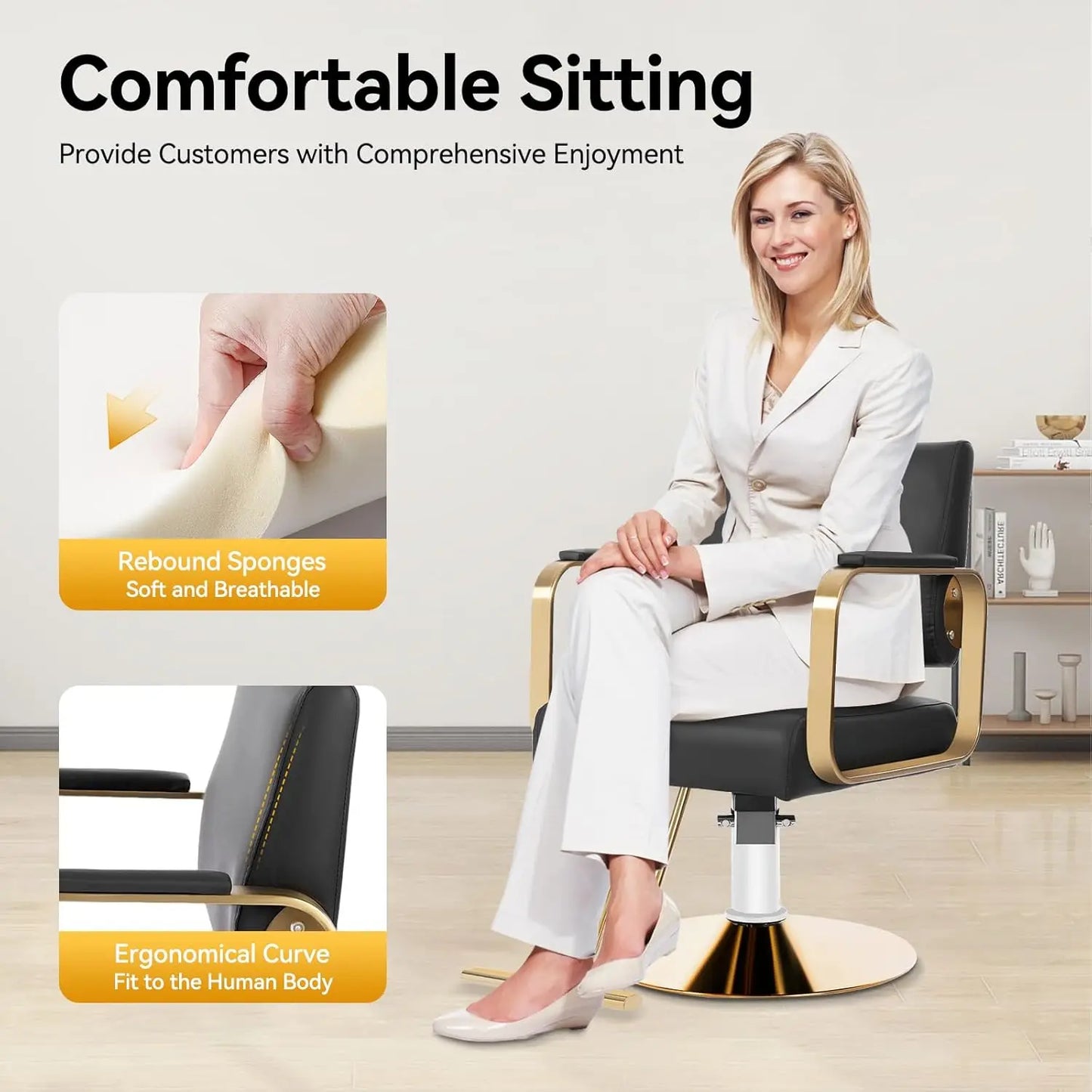 Professional Reclining Chair w/Footrest Hydraulic Barber Chair, 440lbs Adjustable Salon Beauty Spa Hair Styling Chair 360 Degree Swivel Height for Hair Salons (Black Gold)