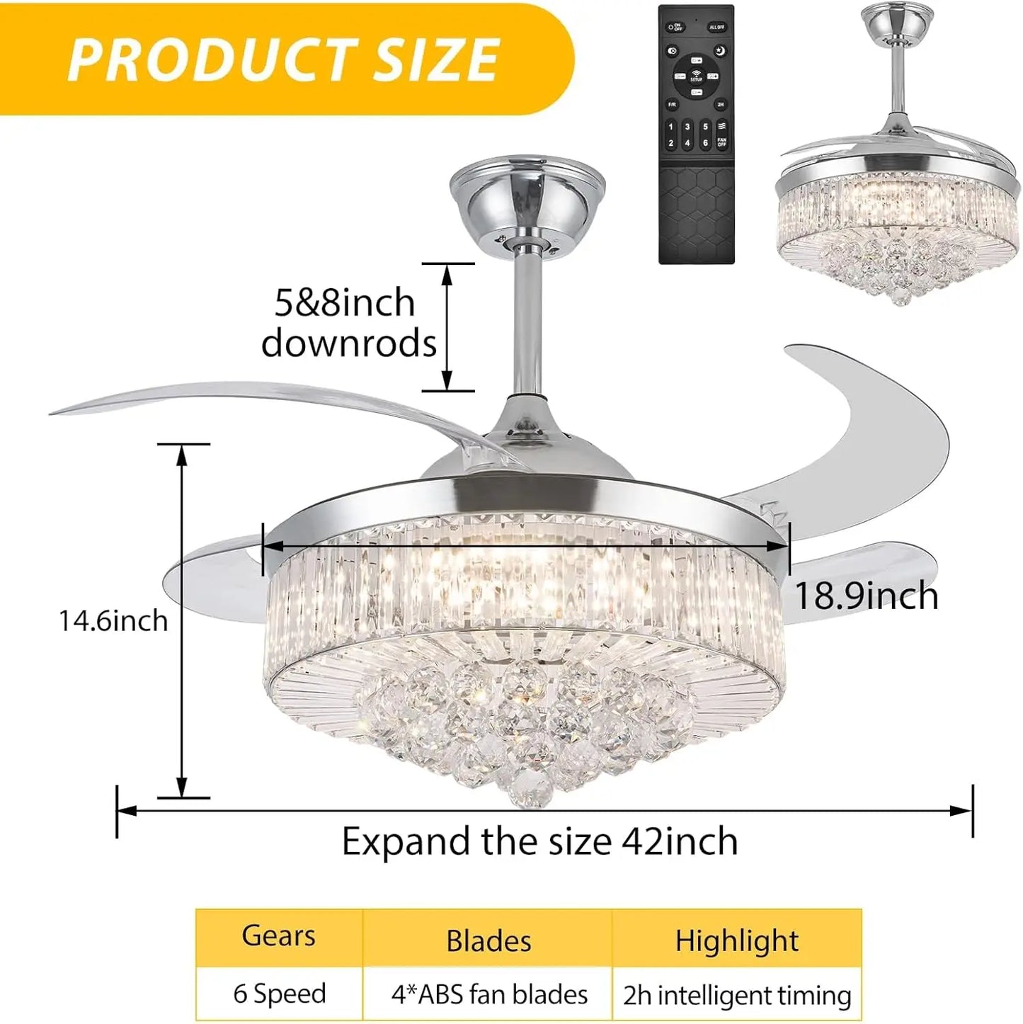 Crystal Ceiling Fan With Light Remote Retractable Blades 6 Speeds