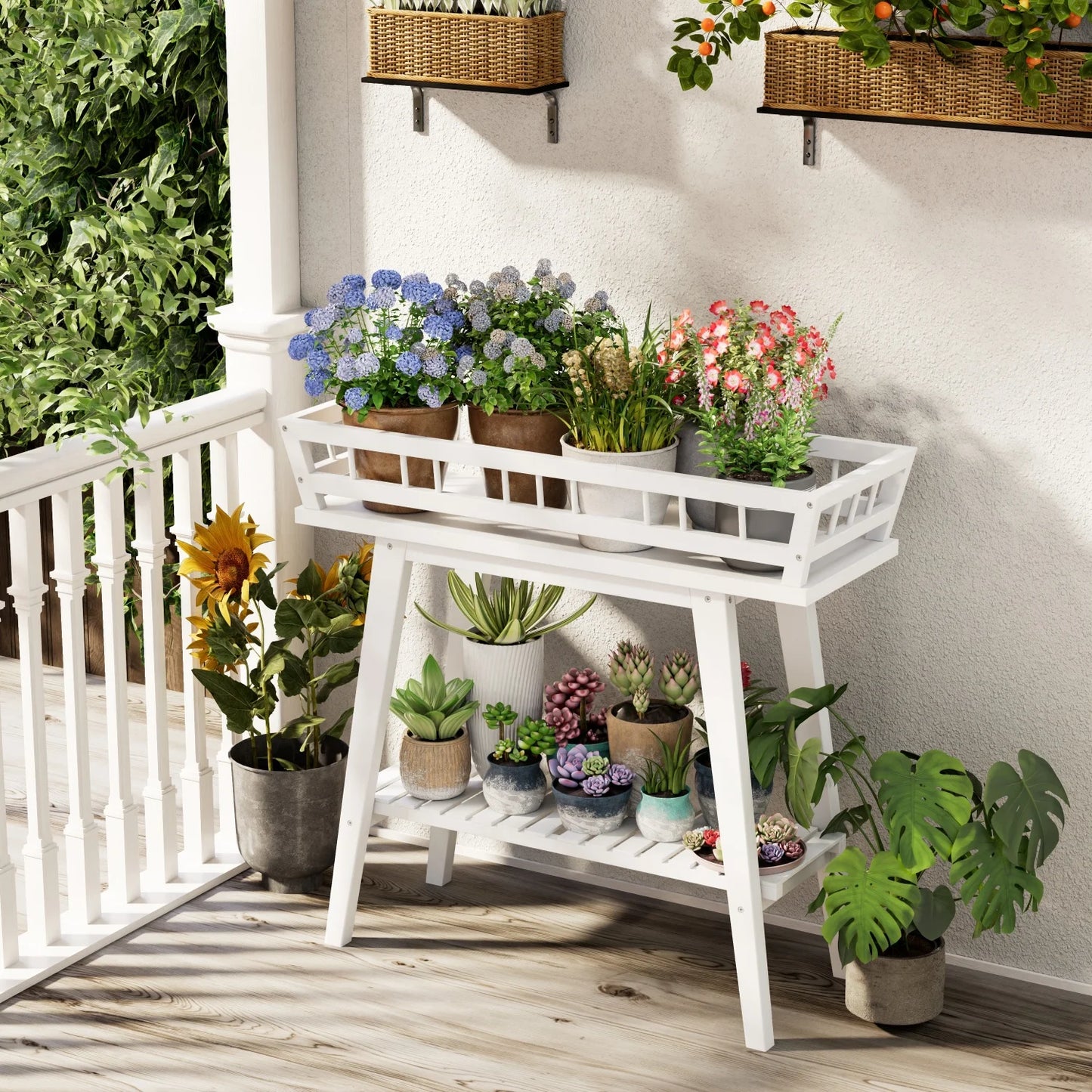 Two Tier Bamboo Plant Stand For Balcony And Living Room