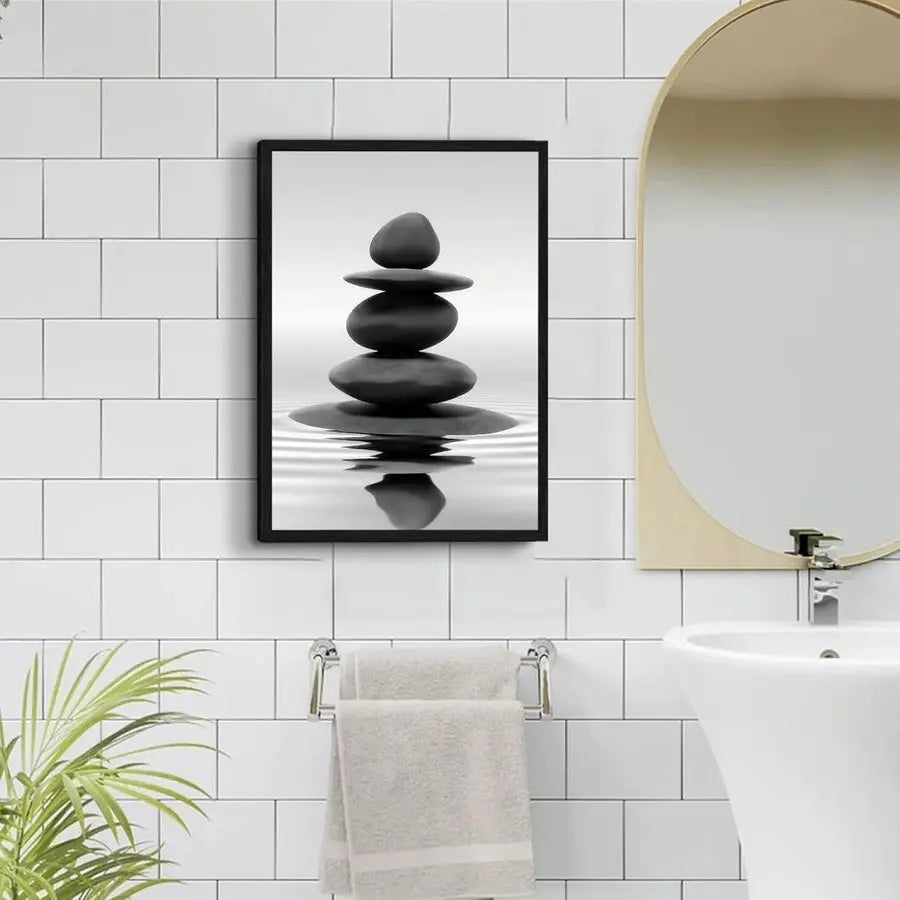 Framed Zen Stones Bathroom Wall Art for Spa and Yoga