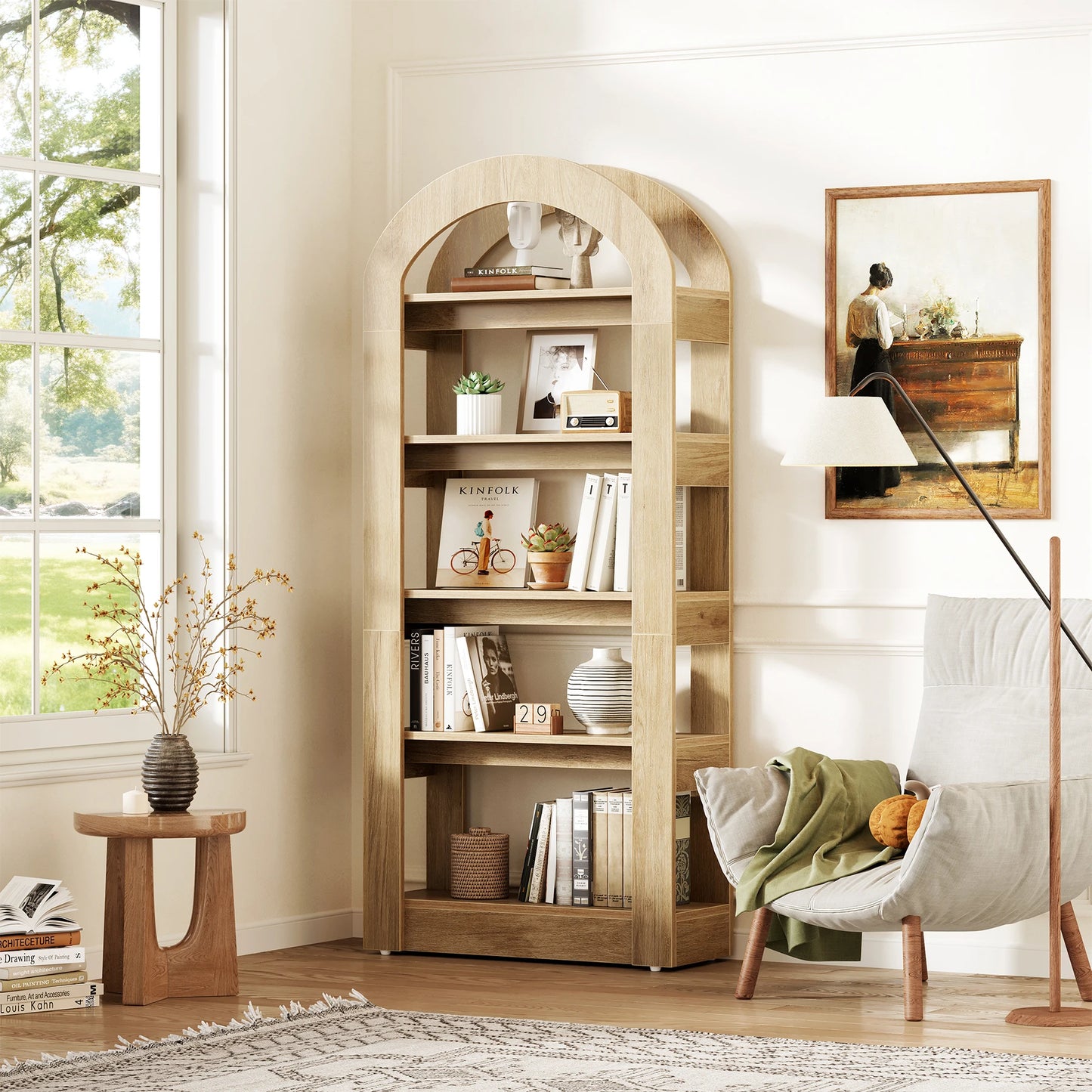 Tribesigns 70.87” Tall Arched Bookshelf, Rustic Oak Bookcase with 5-Tier Storage, Modern Decorative Display Shelf for Living Room, Bedroom, Office (31.5” W x 11.81” D)