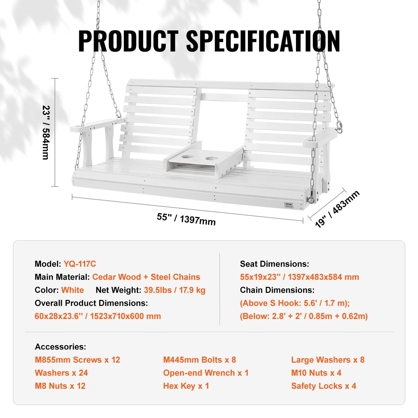 SucceBuy Wooden Porch Swing With 880 Lb Load Capacity