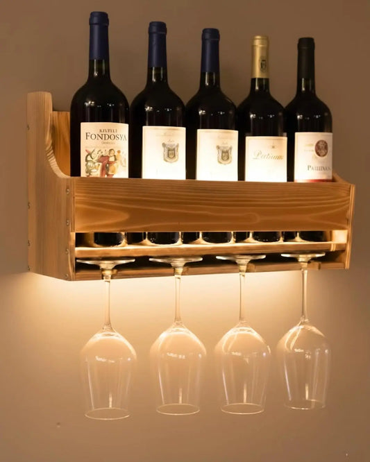 Wall Mounted LED Wine Rack with Glass Holder, 4-Bottle & 4-Glass Space-Saving Bar Shelves for Home Decor
