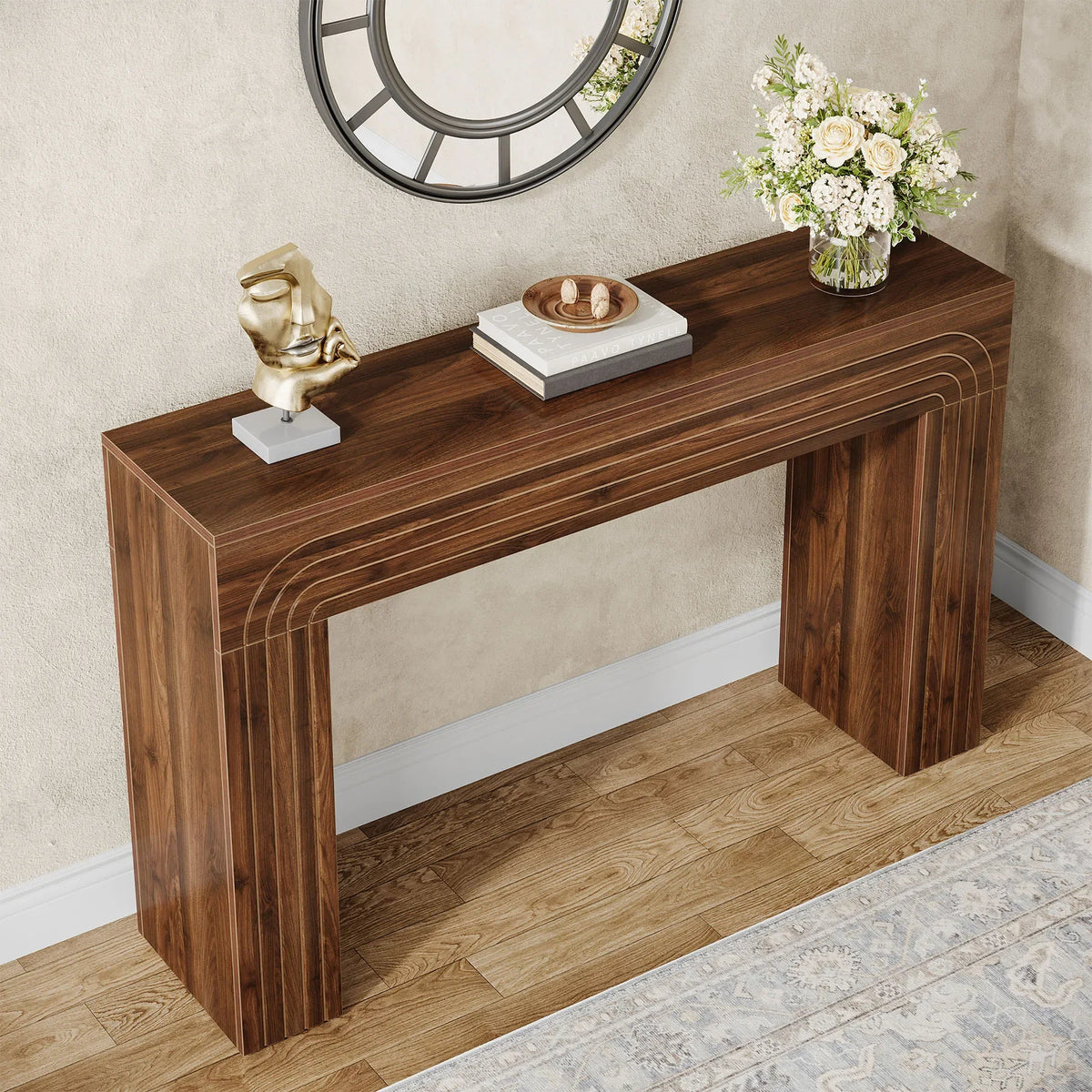 Rustic Bamboo Foyer Console Table With Matching Wall Mirror