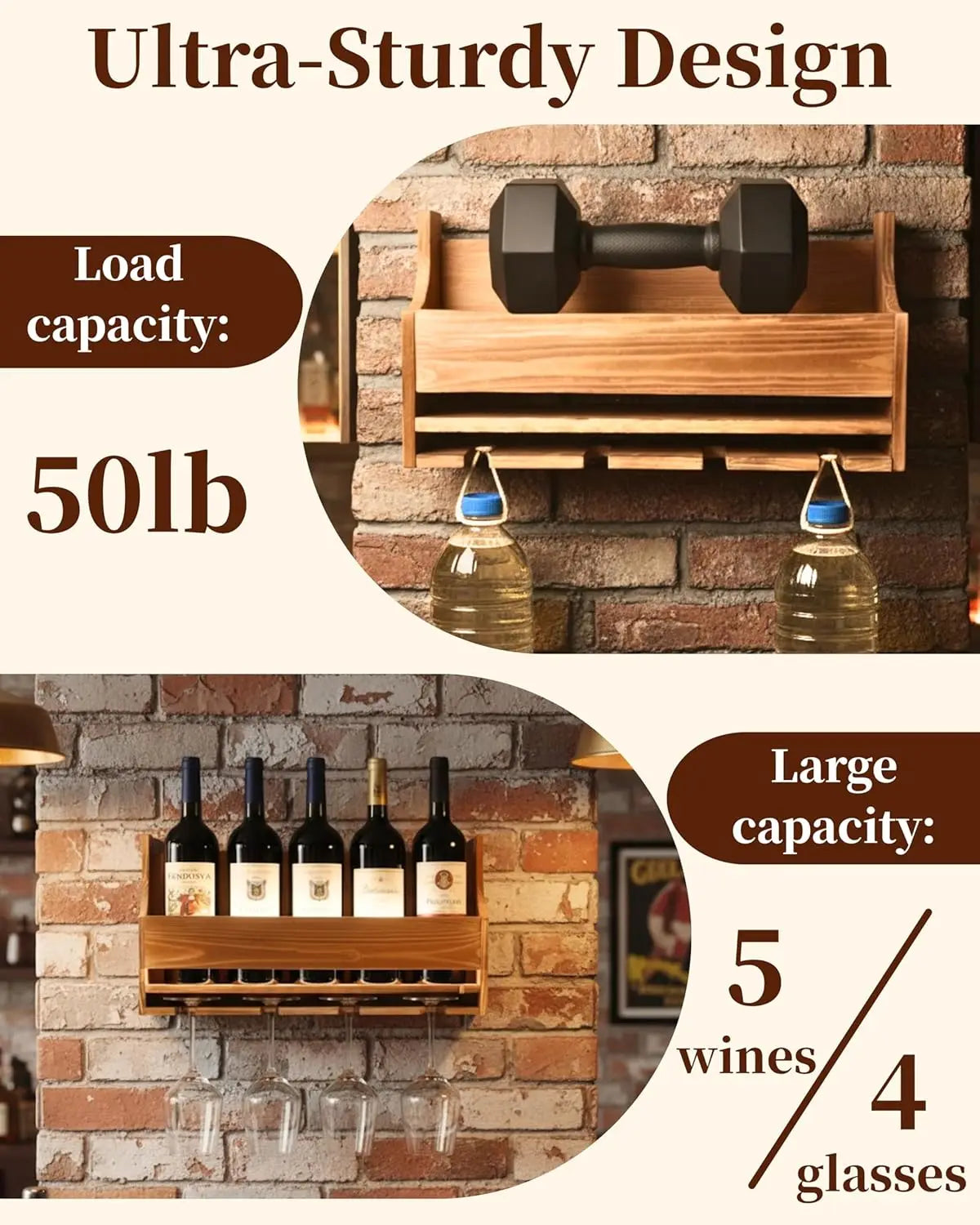 Wall Mounted LED Wine Rack with Glass Holder, 4-Bottle & 4-Glass Space-Saving Bar Shelves for Home Decor