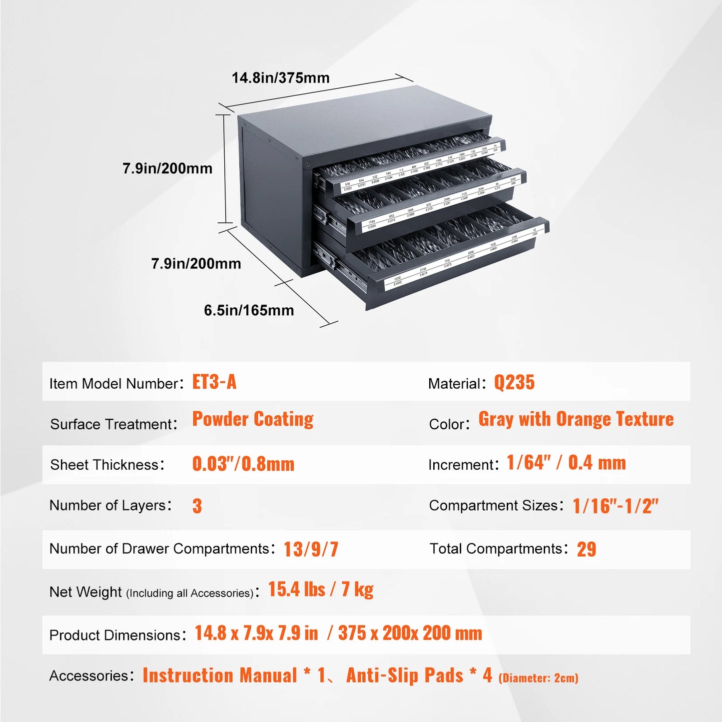 SucceBuy Steel Drill Dispenser Organizer Cabinet Storage Drill Bit Dispenser Cabinet Three-Drawer Drill Bit Organizer Cabinet