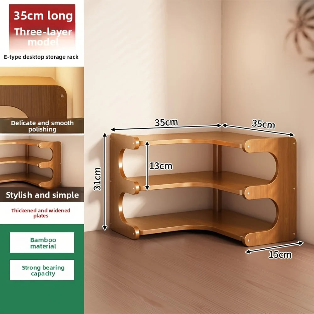 Three-Tier Bamboo Corner Desk Shelf Space-Saving Wall Mount Storage Rack