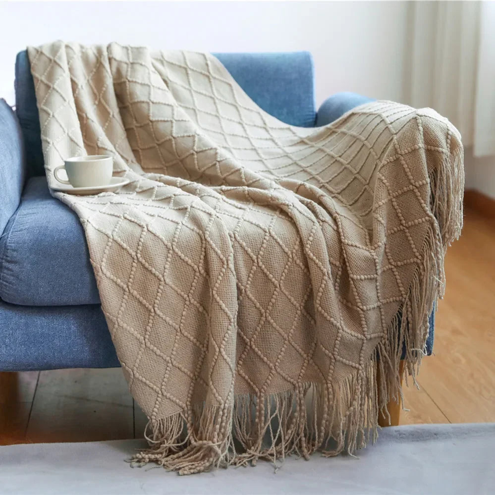 Acrylic Knitted Throw Blanket With Tassels For Sofa And Bed