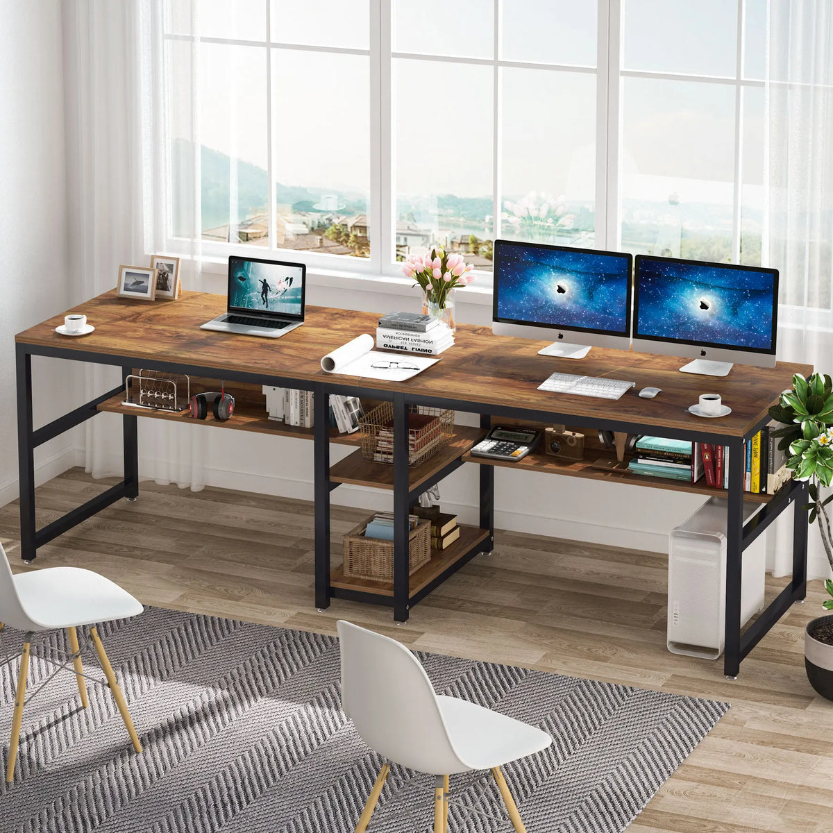 Tribesigns Rustic Wooden Two Person Office Desk With Bookshelf